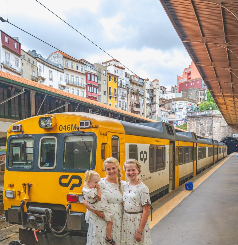 Europe trip- my daughters and I outside the train in our matching dresses