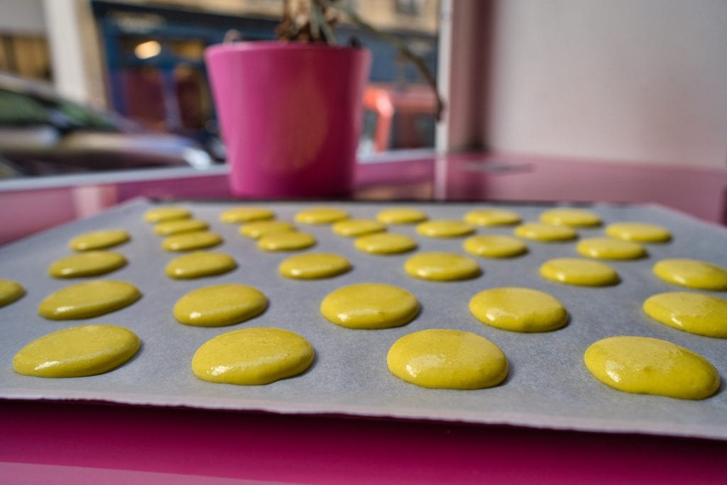 Baking sheet of Macrons waiting for the oven 