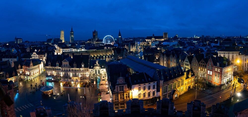 Belgium Trip with Kids: another landscape photo of Ghent at night showcasing the Ferris wheel 