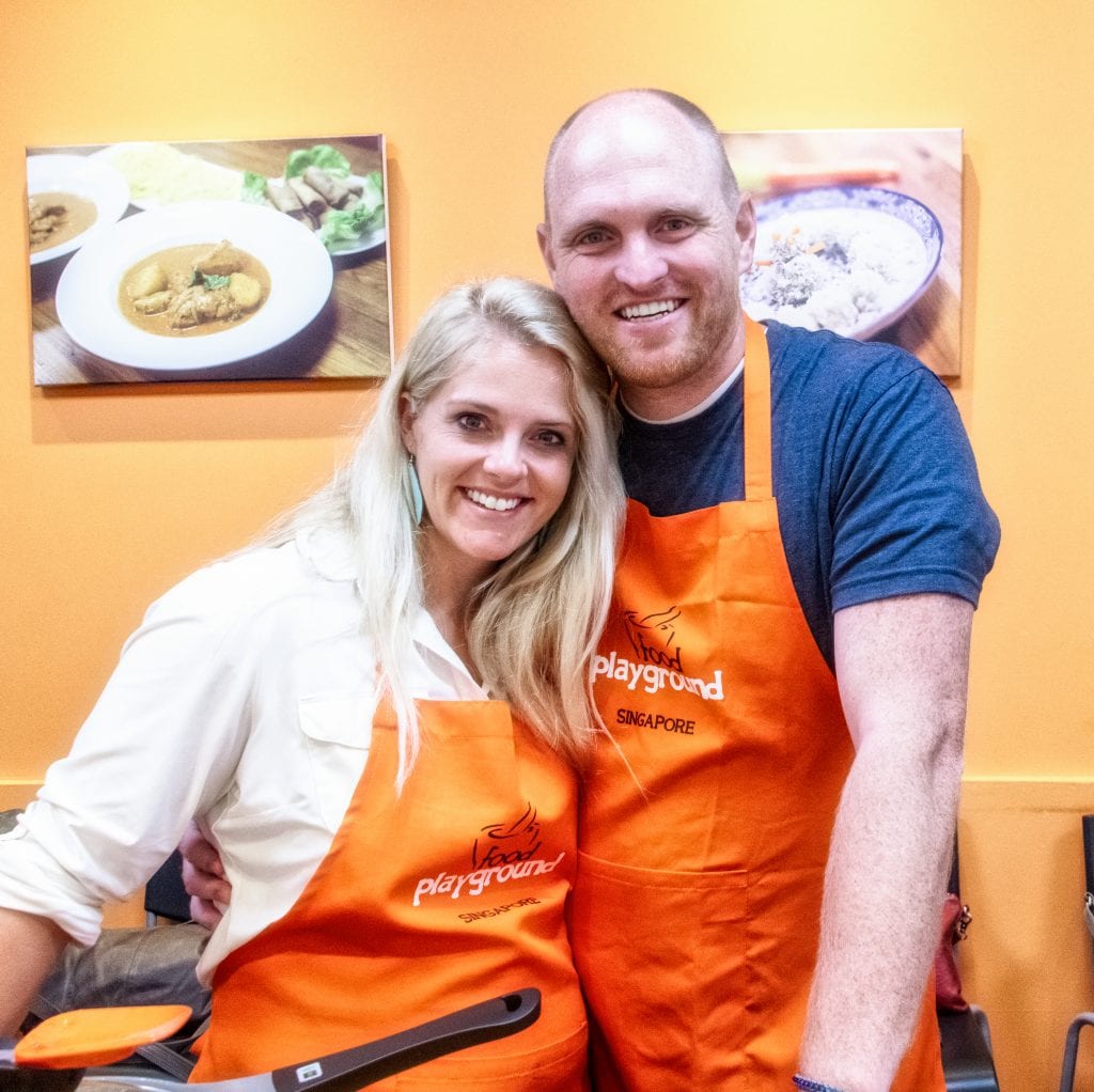 Chris and I at a cooking class in Singapore