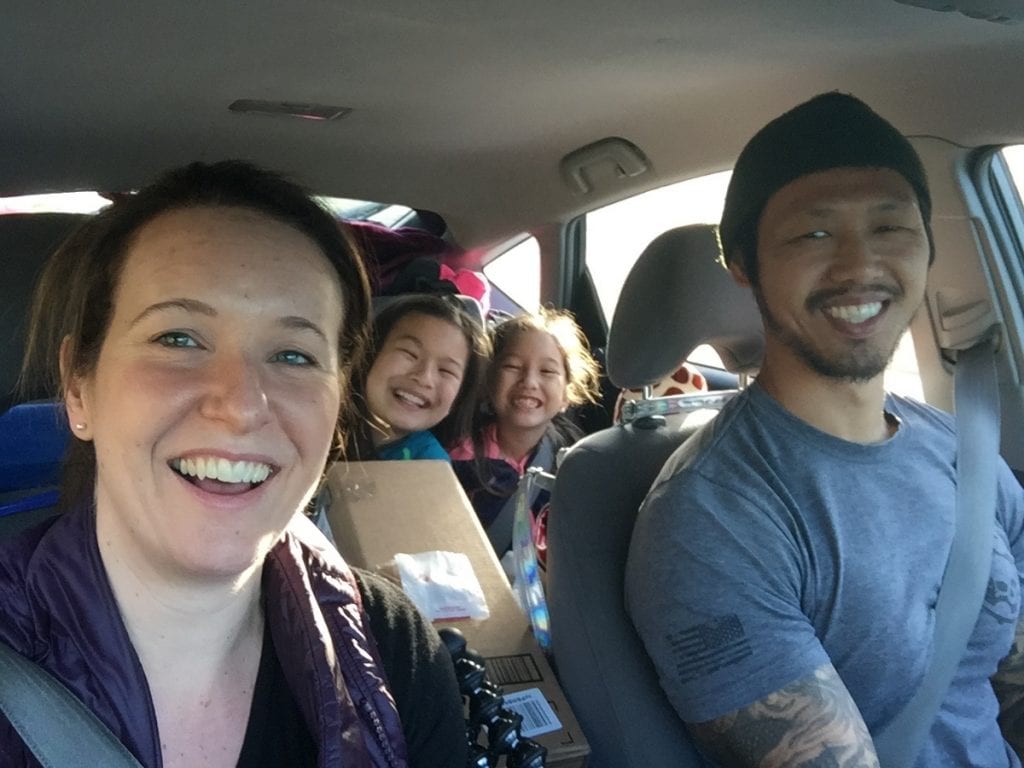 Chiang Gang in the car, all packed for a road trip
