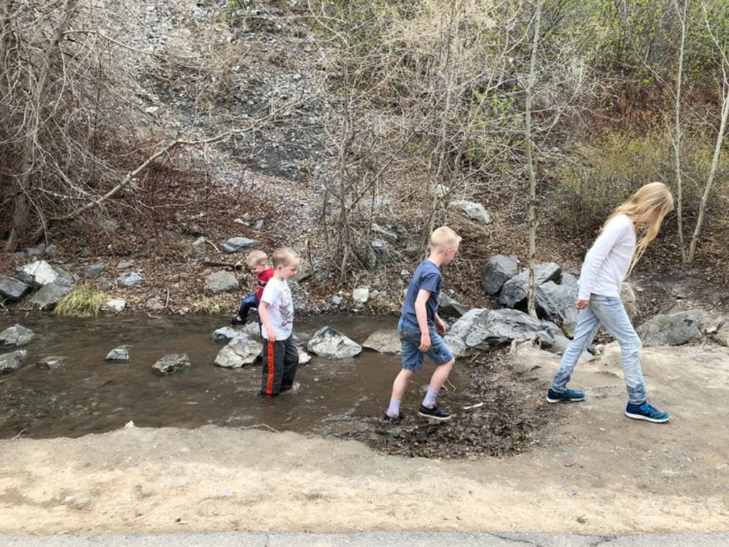 The kids playing in a stream 