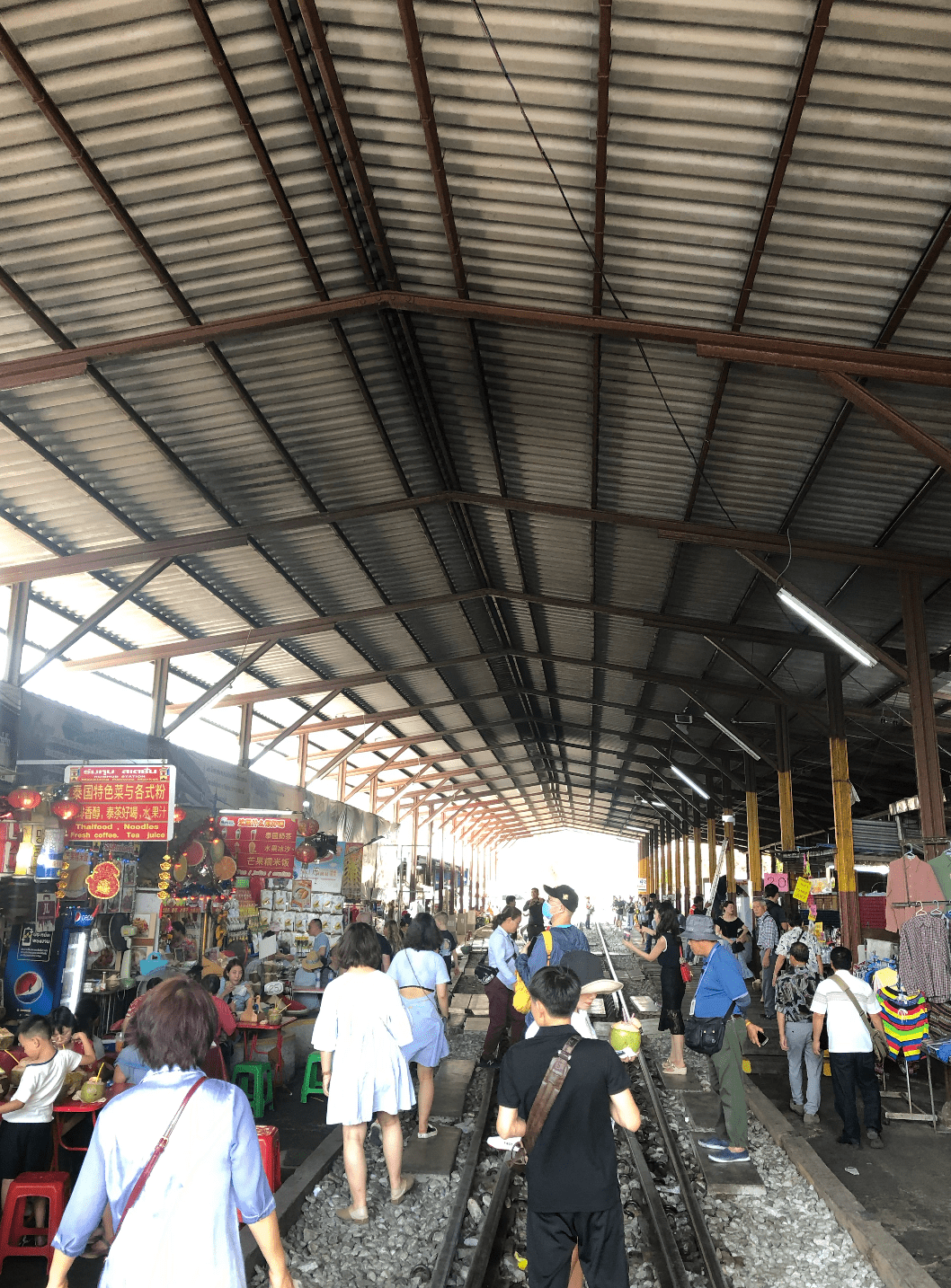 Covered market stalls and shoppers line the railway tracks at Maeklong.