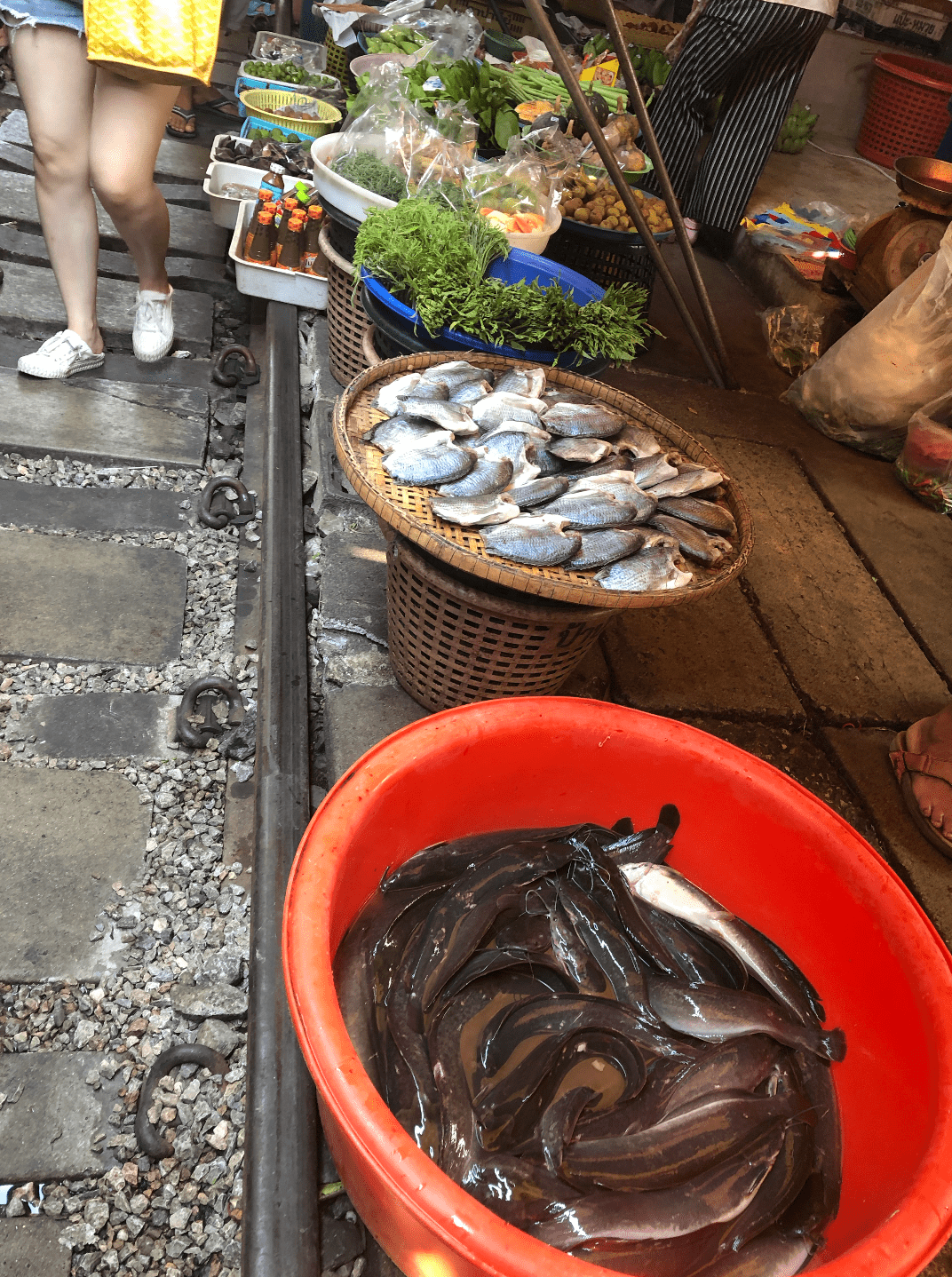 Fish are displayed in baskets beside the railway tracks at Maeklong market.