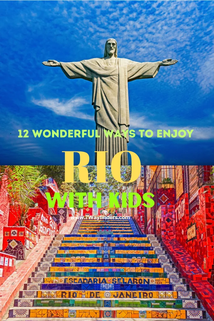 Pinterest graphic for family activities in Rio, with beach and water activity photos.