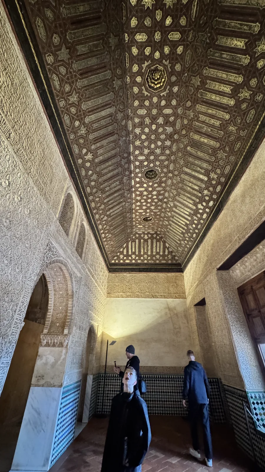 Ornately patterned ceiling above a stair hall with visitors below.