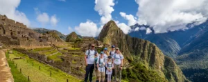 Our family overlooking the ruins and mountains at Machu Picchu